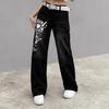 Women Jeans Mid Waist Irregular Individual Printing Retro Style Straight Wide Leg Patchwork Full Length Trousers for Vacation Travel Work School Daily