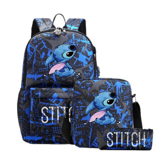 Stitch Cartoon 3-Piece Backpack Set Student Shoulder Bag Stitch Backpack Lightweight Durable Large Capacity