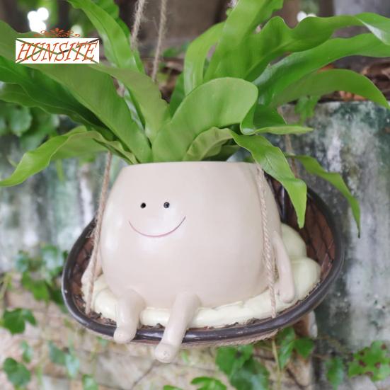 Подвесной цветочный горшок с милой улыбкой на лице, цветочный горшок из смолы для декора сада