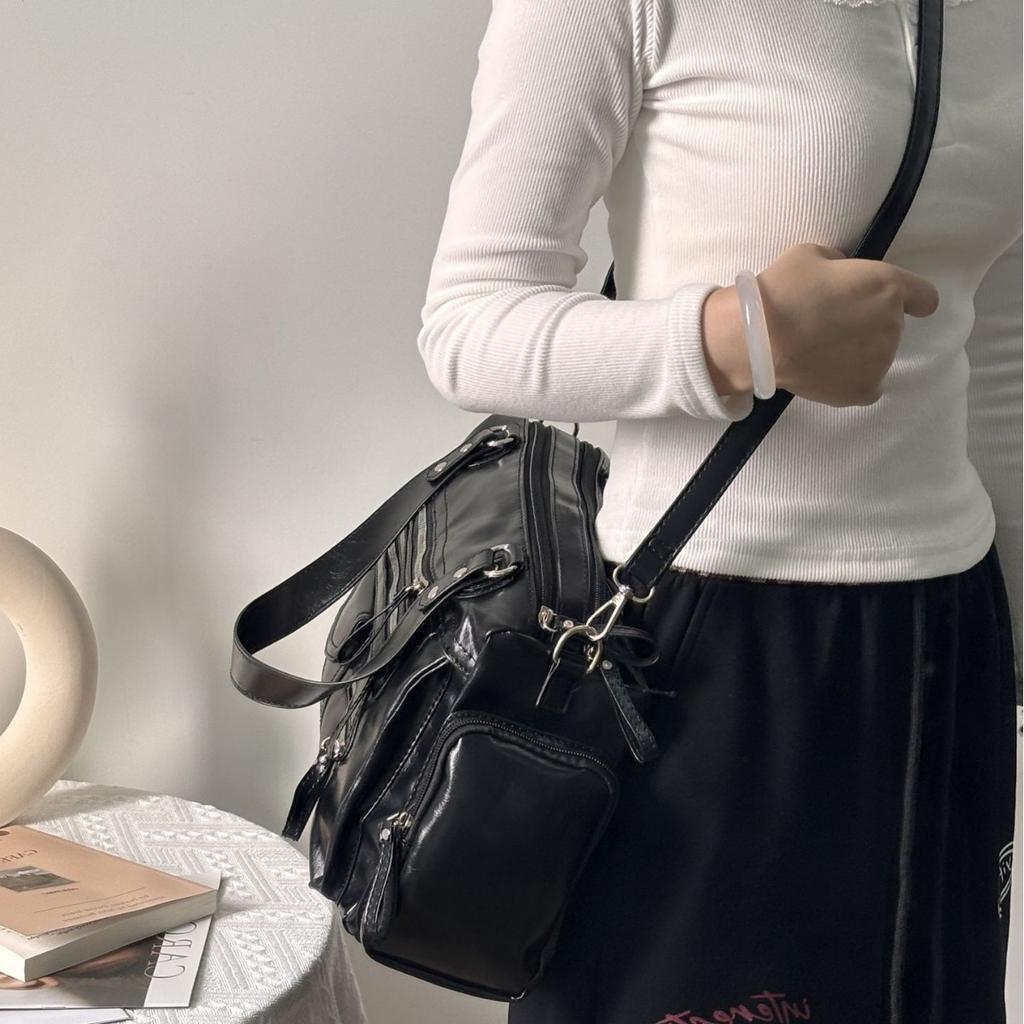Punk Style Crow Bag New Fashion Soft Leather Multi-zipper Pocket Large Capacity Locomotive Bag Shoulder Handbag
