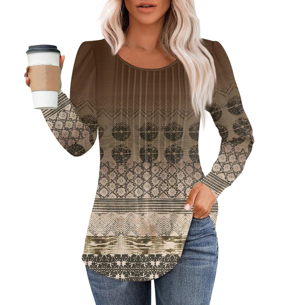 Рубашки с длинным рукавом для женщин, топы, нарядные повседневные блузки, плиссированные топы-туники с круглым вырезом