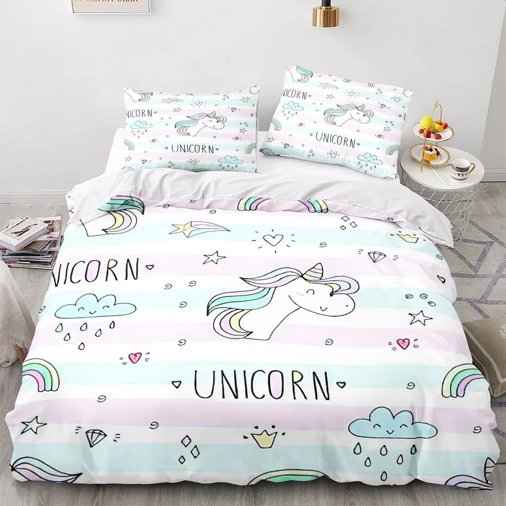 Unicorn Duvet Cover King Queen Cute White Cartoon Animal Bedding Set Children Boys Girl Western Fairy Tale Polyester Quilt Cover