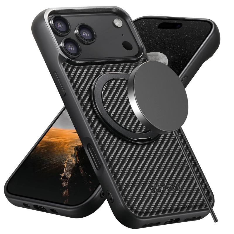 Вращающийся на 360° держатель Кожаный чехол из углеродного волокна Для iPhone 17 Air 17Pro Max 16 Plus 15 14 Pro Магнитная крышка для беспроводной зарядки