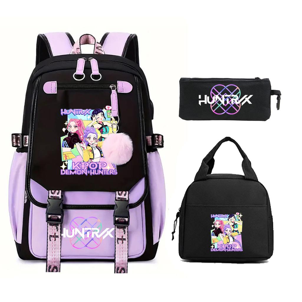 Kpop Demonunters Printed Children'S Pencil Bag Meal Bag Three-Piece Set Elementary And Secondary School Bag