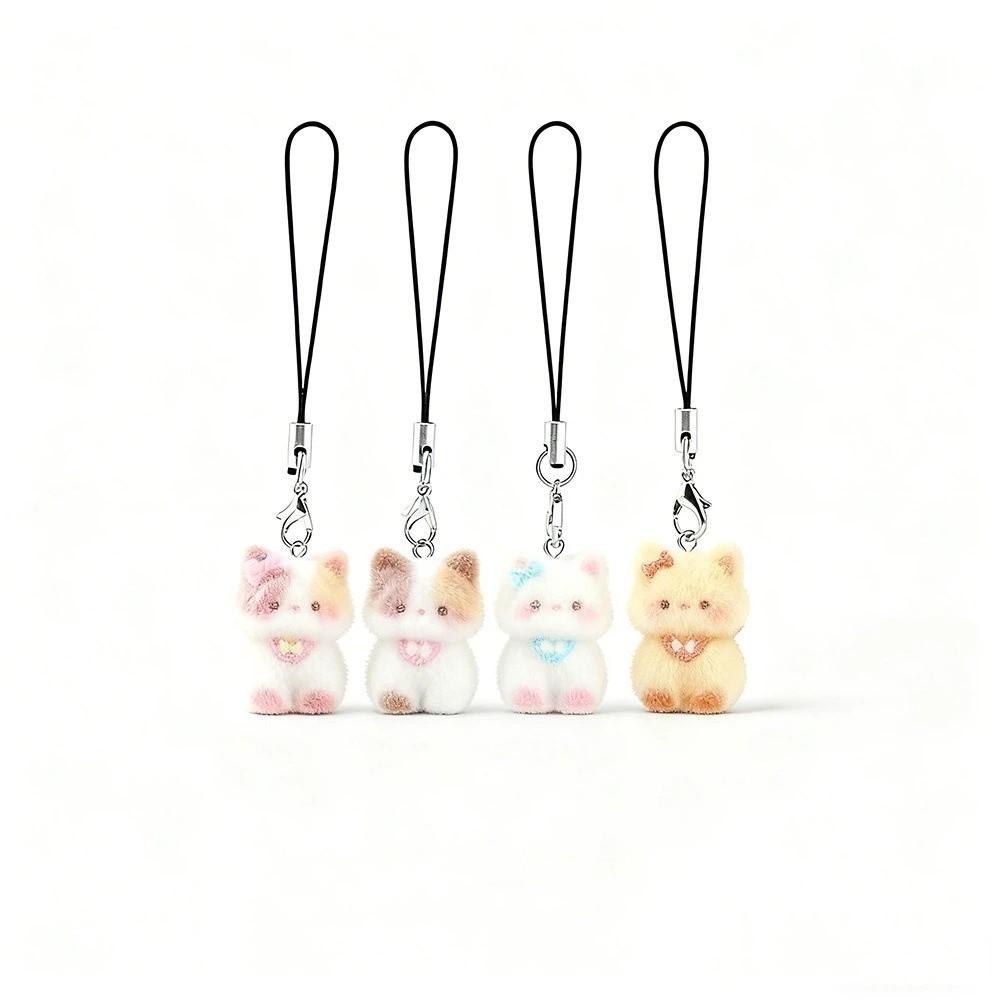 3D Flocking Cat Keychain Cat Pendant Phone Chain Lanyard Cute Car Keyring Bag