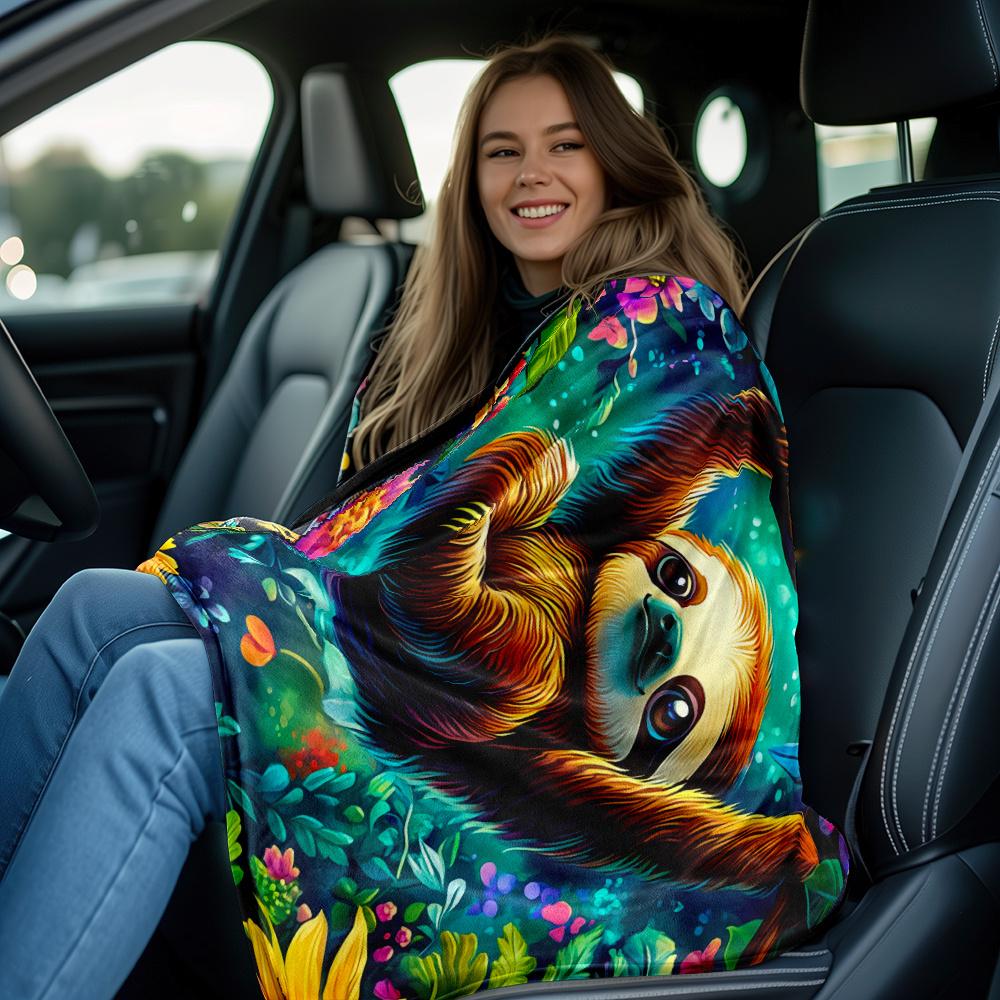 Charming sloth hanging tree tropical flowers flannel blanket jungle animal art vibrant colors boho decor nature lover blanket