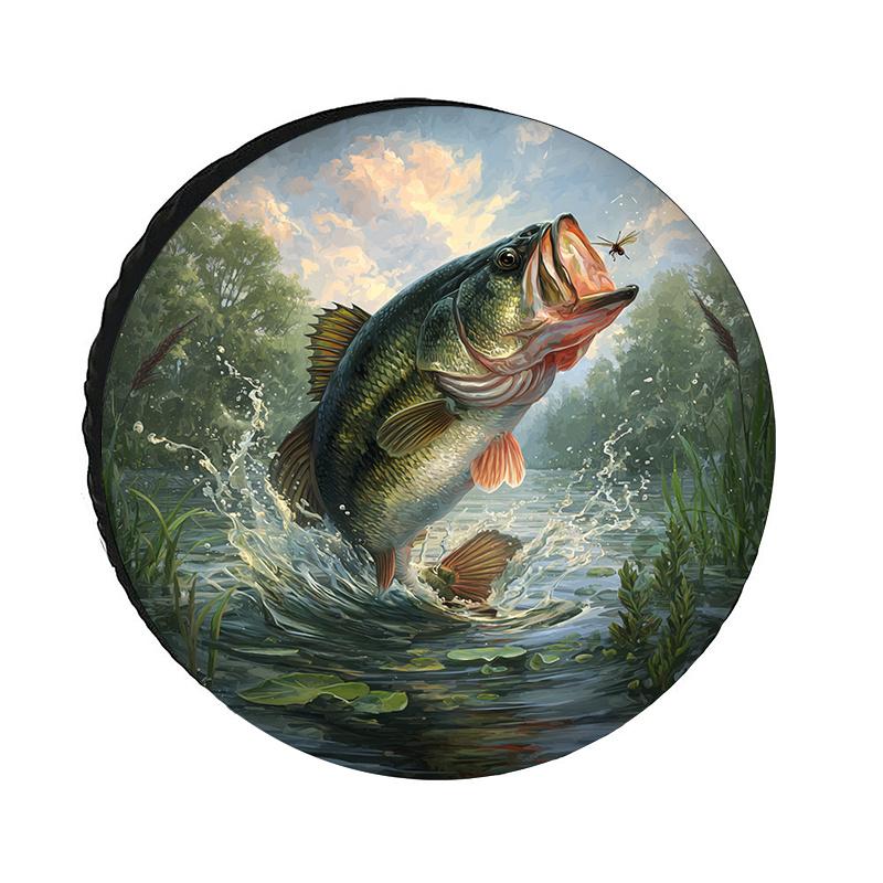 Polyester Fiber Fish Leap Pattern Car Tire Cover, Outdoor Dustproof And Sunproof Universal Tire Protection Cover, Round Classic