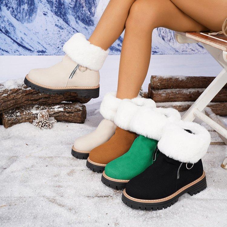 Large Size Women's Cotton Shoes Autumn and Winter New Round Head Square Heel Thickened Velvet Side Zipper Sewn Shoes Snow Boots