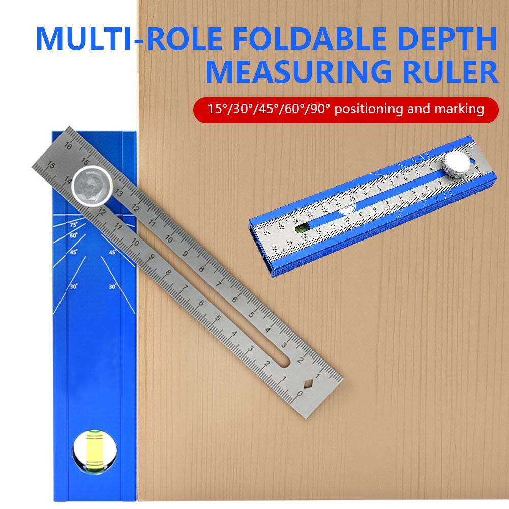 Multi-Angle Woodworking Marking Ruler 6-in-1 Foldable Alloy Depth Gauge With Bubble Level 15°-90° Adjustable Square Layout Tool