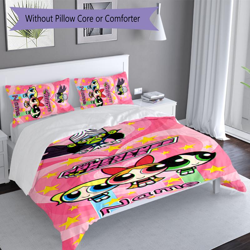 3pcs Custom Name The Powerpuff Girls Bedding Set,Includes 1 Duvet Cover and 2 Pillowcases,All-season Bedroom Decor