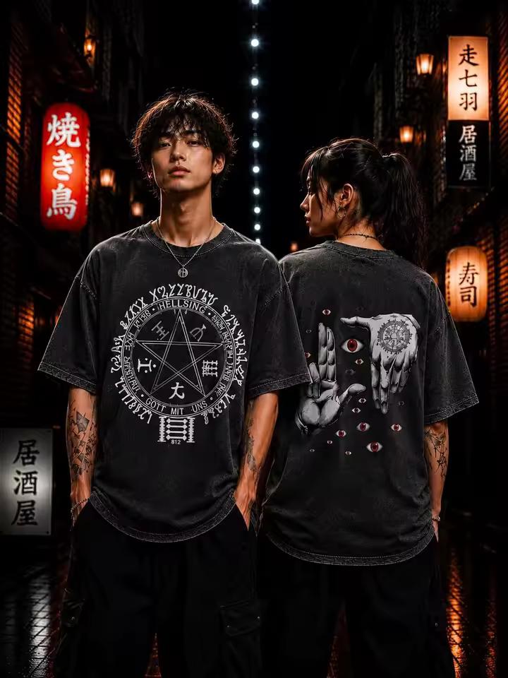 Свободная футболка с принтом и брюки-карго, Винтажный стильный комплект streetwear, Унисекс свободного кроя, Экологичная одежда с аниме-принтами