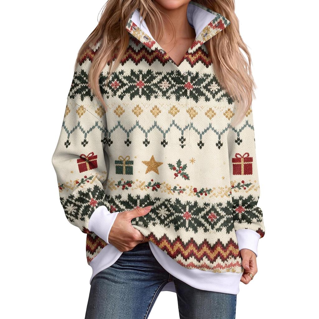 Women's Casual Long Sleeve Top with Lapel Collar and Print for Everyday Wear