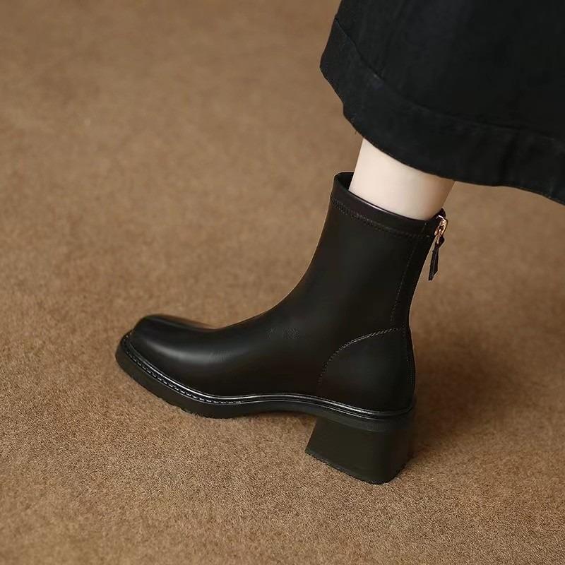 Новые стильные модные женские кожаные туфли модные квадратные носки короткие сапоги для женщин толстые каблуки сапоги высокие каблуки Zapatos Mujer
