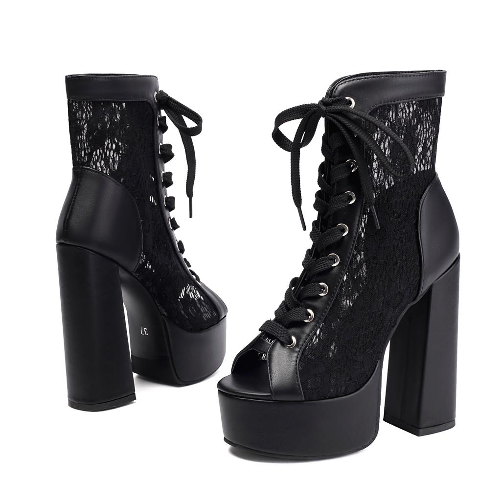 Удобные босоножки на блочном каблуке Женские туфли на платформе Летняя обувь На шнуровке С открытым носком Сексуальные сетчатые ботильоны до щиколотки Обувь для ходьбы