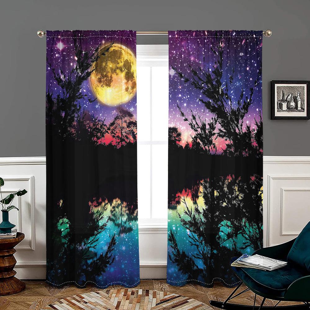 2 pieces, purple starry sky, moon, trees, lake curtains, filter, suitable for living room, kitchen, bedroom, home decoration
