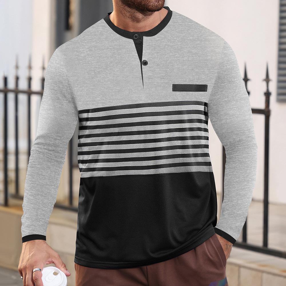 European and American summer new men's long-sleeved V-neck contrasting color striped slim-fit business casual t-shirt