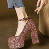 Fashion Glitter Sequins Sparkle Golden Silver Closed Toe Women Pumps for Wedding Party Block High Heels Platform Stilettoes