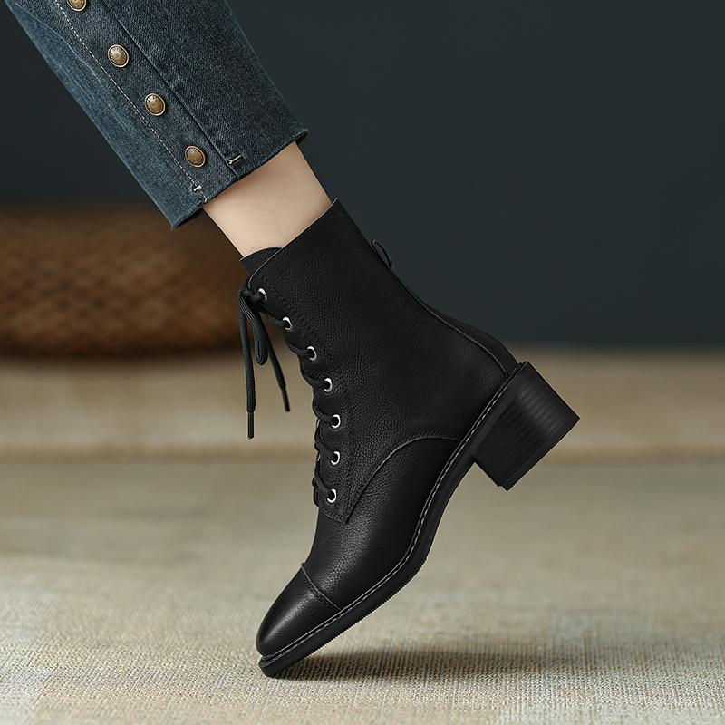 2024 New Cross-Tied Women Short Boots Autumn Winter Genuine Leather Office Lady Square Toe Side Zipper Shoes Woman Ankle Boots