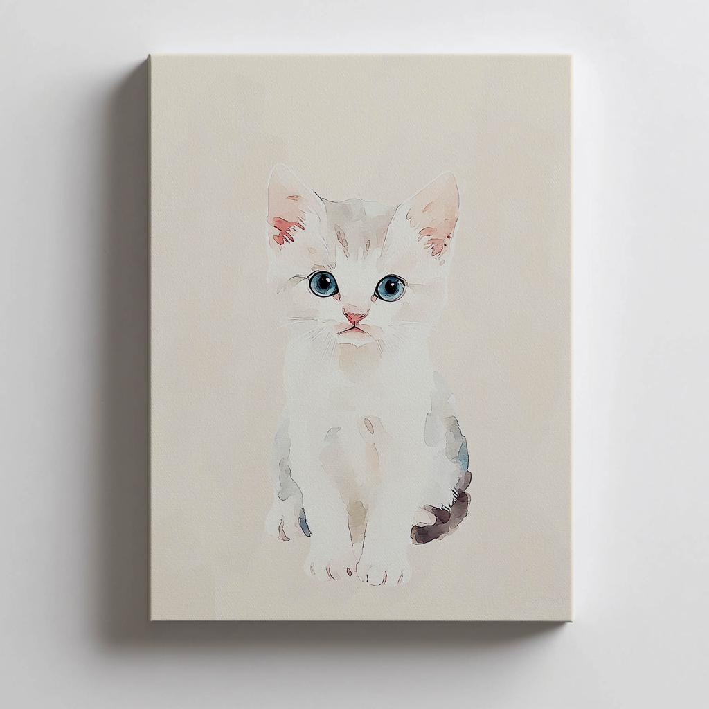 Plakat Kotek Na Beżowym Tle Plakat Kotek Na Beżowym Tle, 50X70 Cm, Rama Drewniana Ciemny Brąz, Papier Matowy 230 Gsm