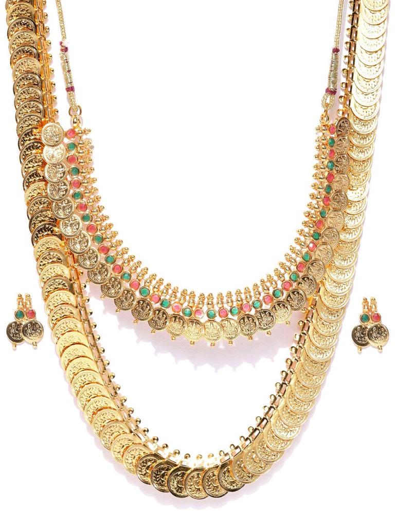Jewellery Set for Women Gold Plated Long Traditional Coin Necklace Set and Red Green Choker Necklace Jewellery Set with Earrings for Girls and Women