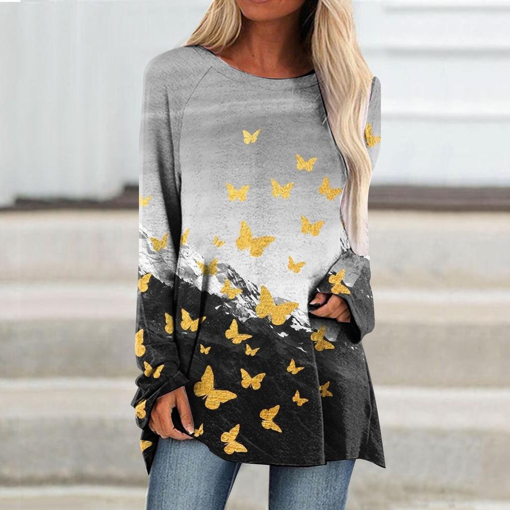 Осенние женские повседневные пуловеры с длинным рукавом и 3D принтом бабочки и круглым вырезом, футболки, женские модные топы, футболка, женские футболки, одежда