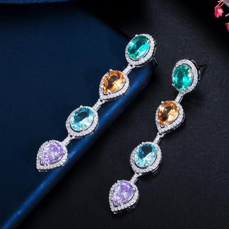 WWJ Благородные многоцветные серьги с цирконием в виде слезинок с подвесками