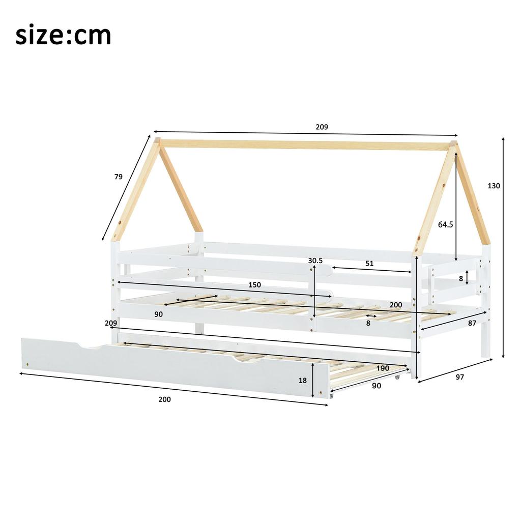 Children's Bed Fliek House Bed 200x90cm with Fall Protection and Slatted Frame, Daybed with Rollers Underneath for Girls & Boys, White+Natural-colored