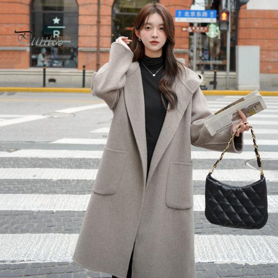 Women Winter Overcoat Hooded Pockets Pure Color Open Stitch Cardigan Mid Length Coat Thermal Long Sleeves Commuting Dating Winter Coat