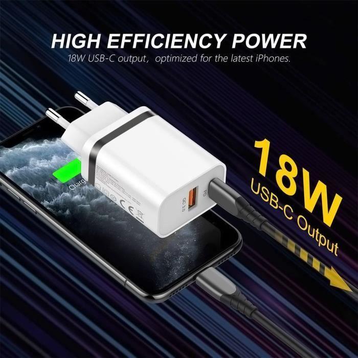 Chargeur Secteur - e.F.Connection - 2 Ports PD+QC 3.0 - Câble USB-C 1M - Noir/Blanc