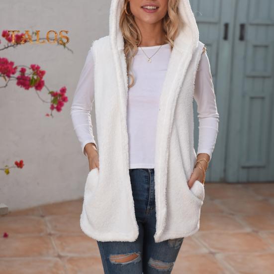 Женский зимний жилет с капюшоном, кардиган средней длины, жилет из искусственного меха, однотонное толстое теплое пальто без рукавов для повседневной носки на открытом воздухе