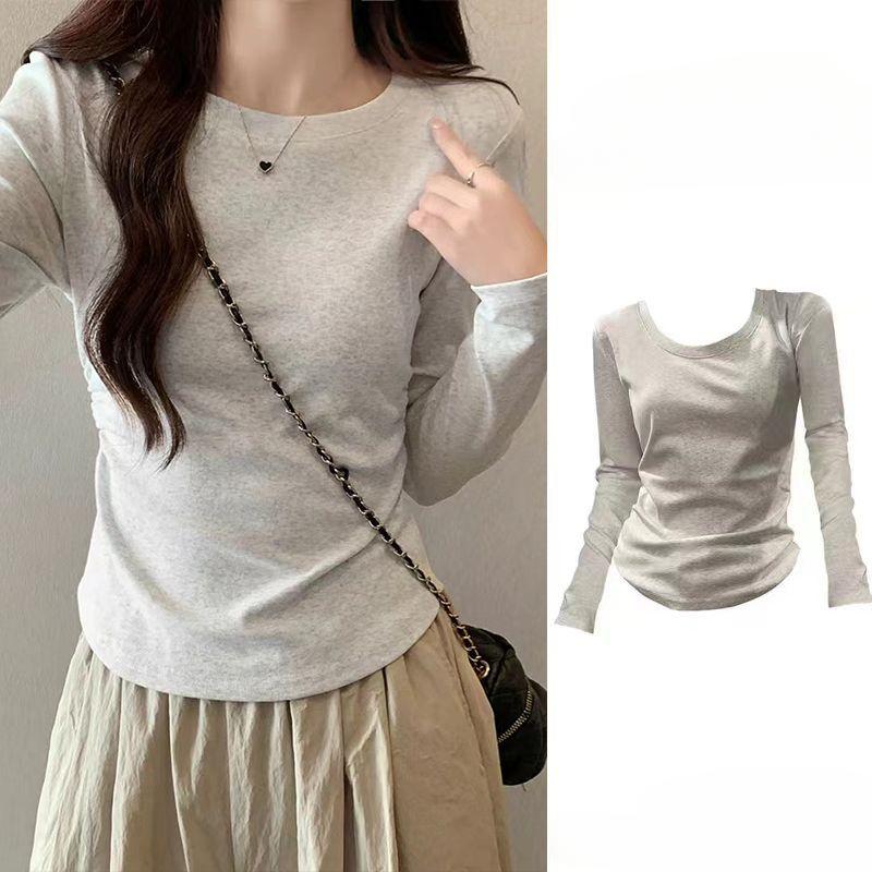 Футболка с длинными рукавами и V-образным вырезом на плече для женщин, осенне-зимняя, корейская мода, шикарный облегающий низ и утягивающий верх