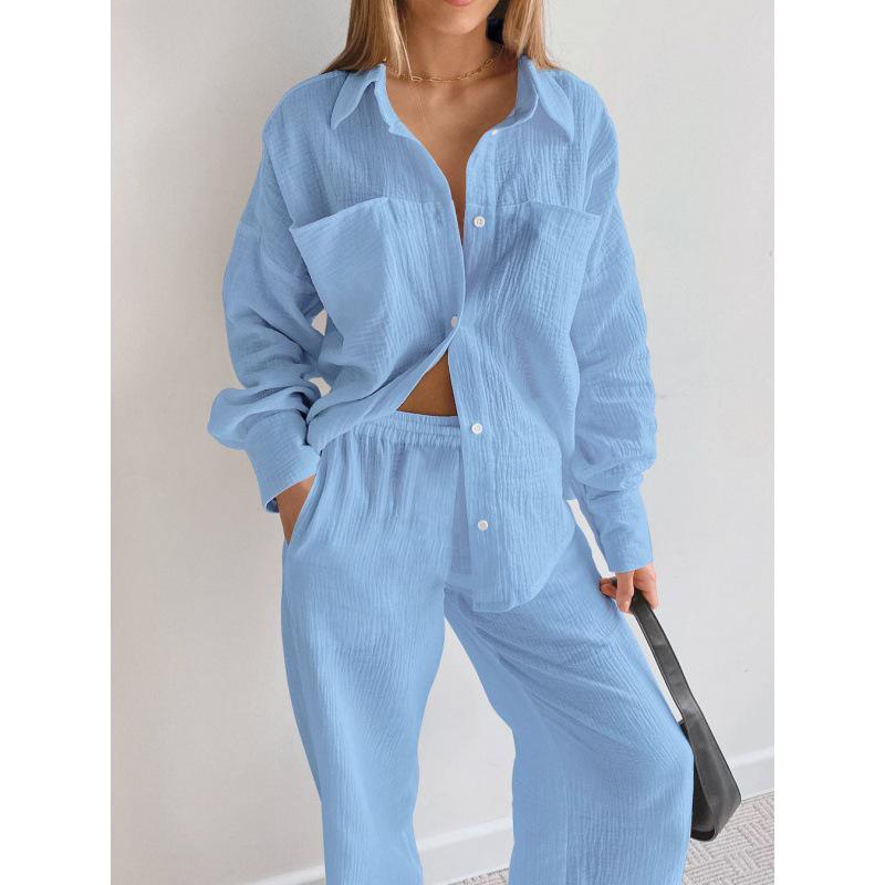 Женский модный комплект-двойка 2025: Рубашка с длинным рукавом и брюки прямого кроя с высокой посадкой - Повседневный европейский и американский стиль