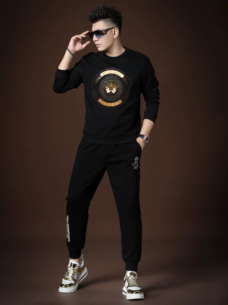 European High-End Embroidered Long-Sleeve Men's T-Shirt, 2025 Autumn and Winter New Trendy Slim-Fit Pullover Crew Neck Sweatshirt