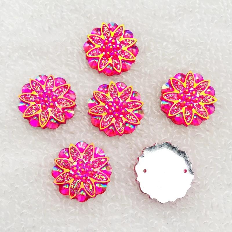 20pcs 18mm Round Flower AB Resin Crystal Strass Applique and 2 Holes Buttons for Diy Clothing - HA27