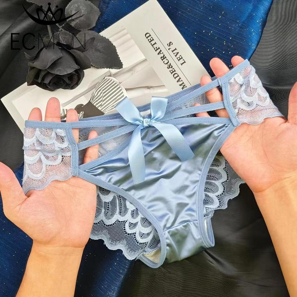 Women Lace Satin Panties Silk Bow Criss Cross Sexy Seamless Panty Ladies Cute Summer Underwear Briefs M-XL