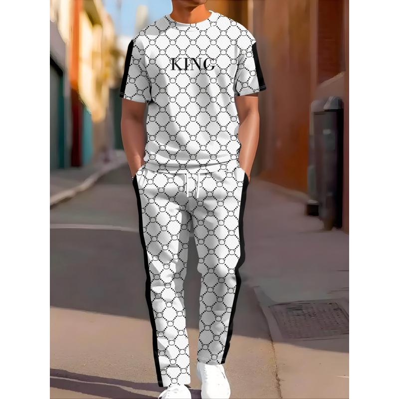 European & American Casual Sports Printed Two-piece Set: Short-sleeve Long Pants