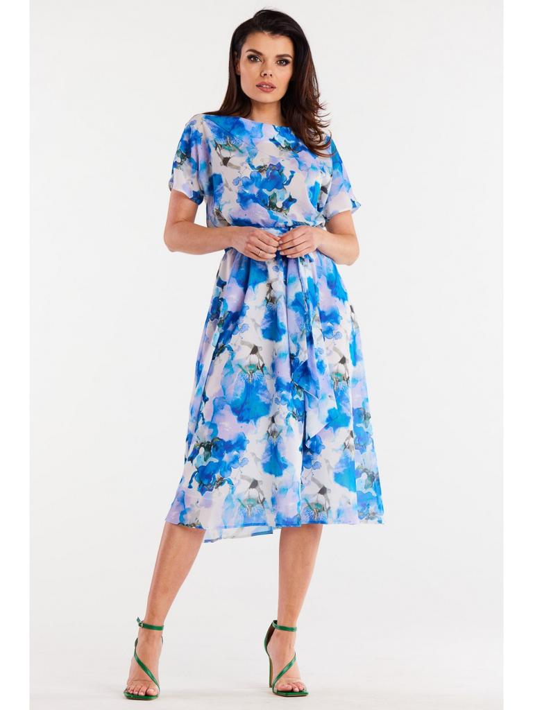 Kimono midi dress with short sleeves, blue flowers S