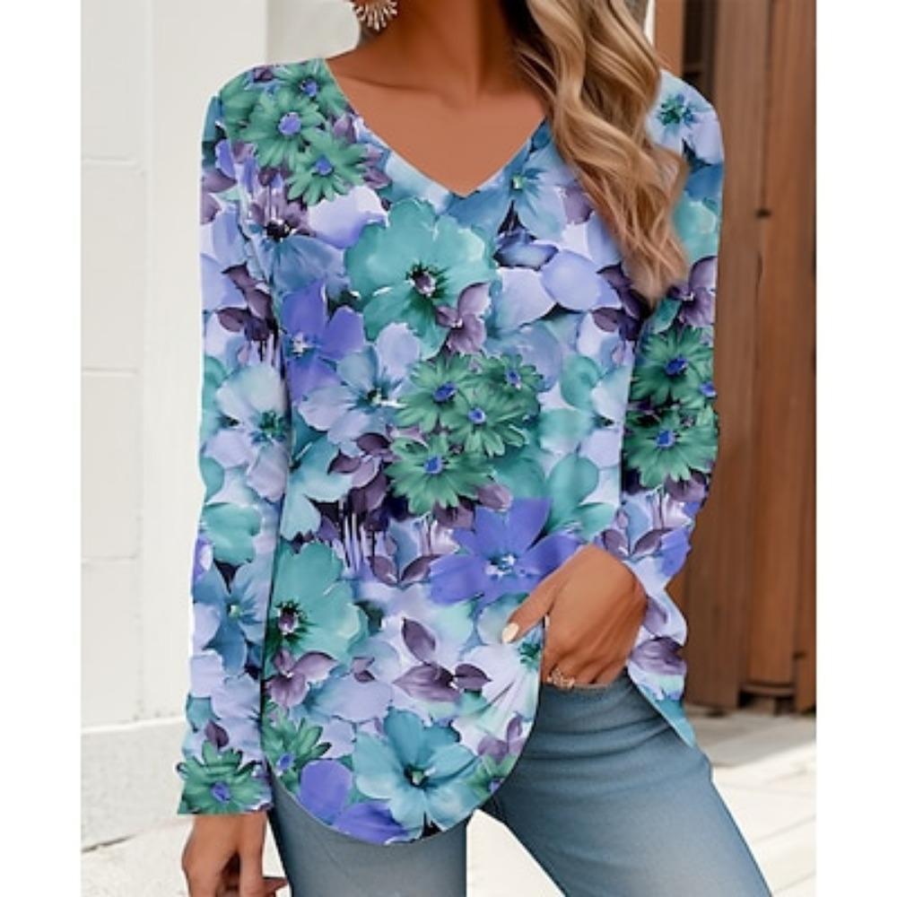 Женская футболка с цветочным принтом Daily Weekend Basic Neon & Bright с длинным рукавом и V-образным вырезом красного цвета