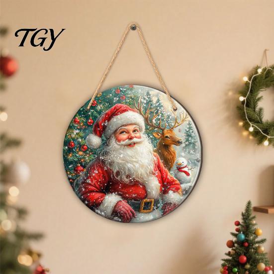 Cute Elk Holiday Ornaments 2D Christmas Wooden Door Hanger Ornaments, Santa Snowman Reindeer Welcome Wall Home Entrance Accents Sign, Rustic Farmhouse
