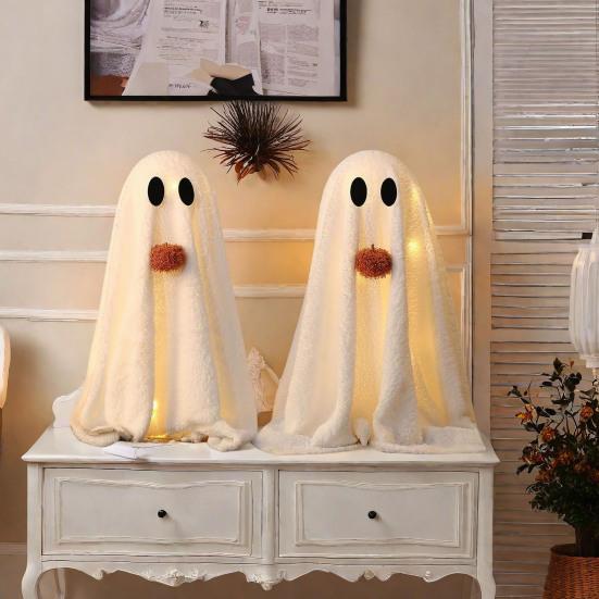 Light-Up Sherpa Ghosts with Pumpkin Cute Ghost Tabletop Decoration