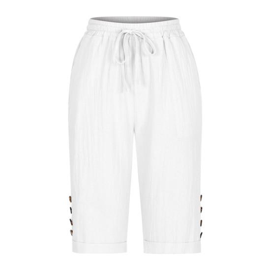 Женские летние шорты, эластичный пояс, регулируемый шнурок, повседневные брюки с карманами, однотонные брюки с декором на пуговицах, брюки длиной до колена