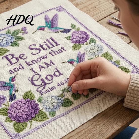 Stamped Cross Stitch Fabric Hummingbird Hydrangea Embroidery Kit Garden Faith DIY Kit Easy for Beginners with Psalm Fabric Beginner Hand Craft