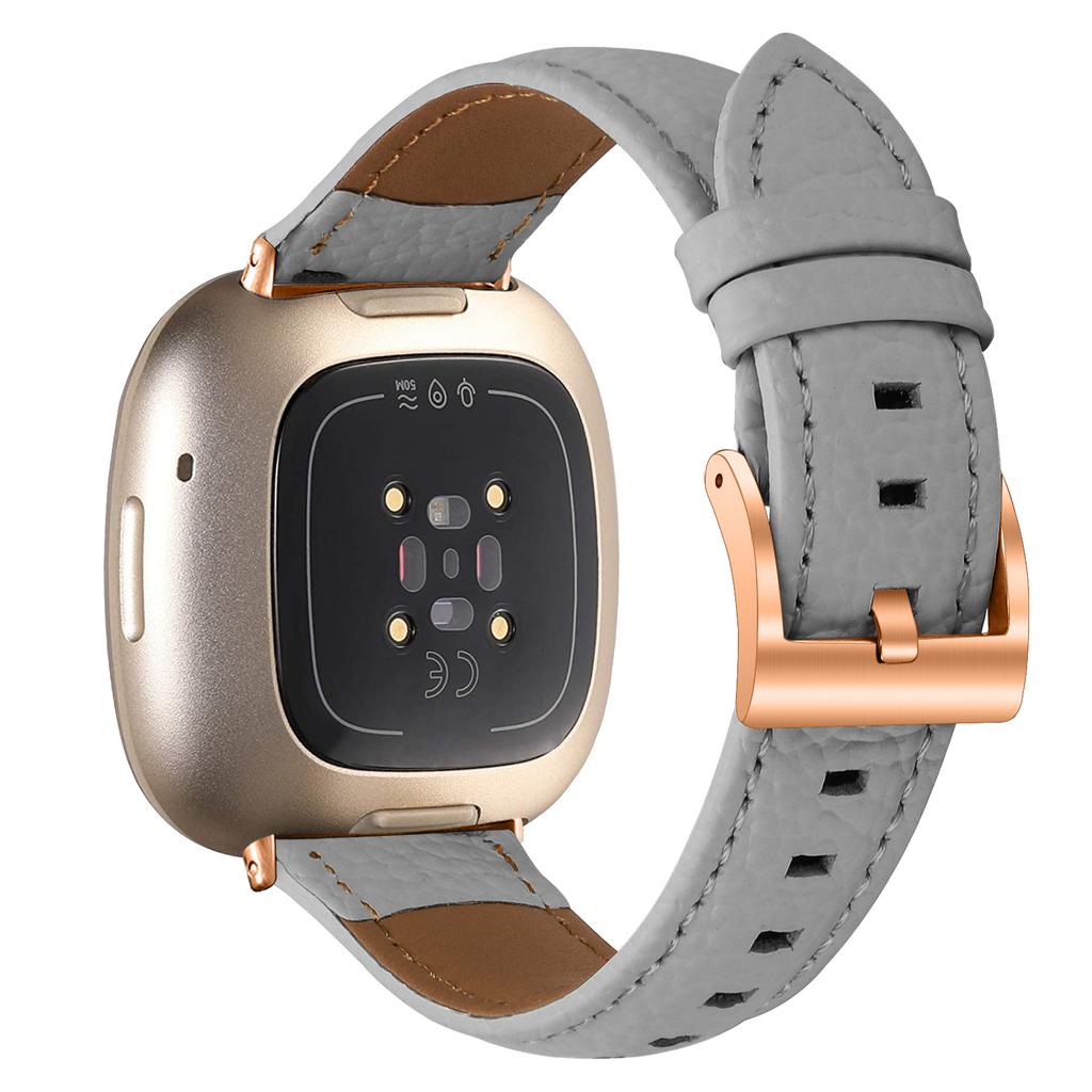 Litchi Textured Genuine Cow Leather Strap with Electroplated Buckle for Fitbit Versa 3/Sense Pointed-End Watch Band