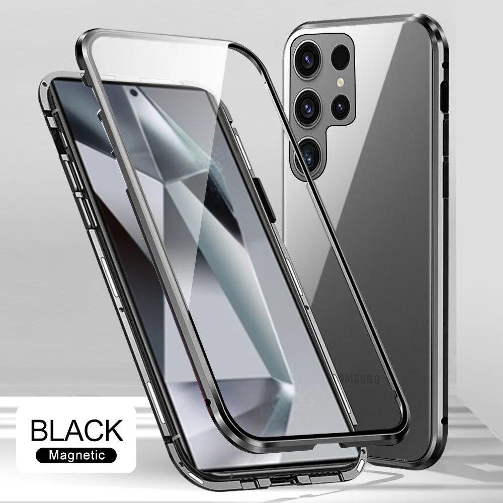 Магнитный чехол для телефона на 360° для Samsung Galaxy S24 S23 S22 Ultra S20 FE A14 A24 A34 A54 A13 A23 A33 A53 A52, защитная оболочка из закаленного стекла с полным покрытием