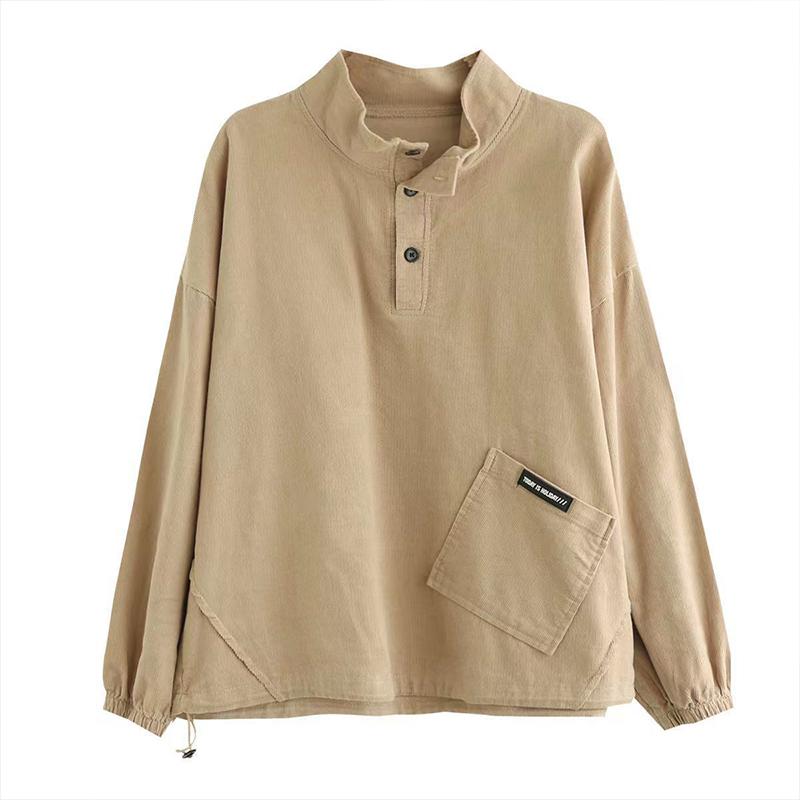 Autumn Korean Fashion Sports Chic Vintage Casual Shirt Women Young Style Solid Color Long Sleeve High Neck Pocket Button Top