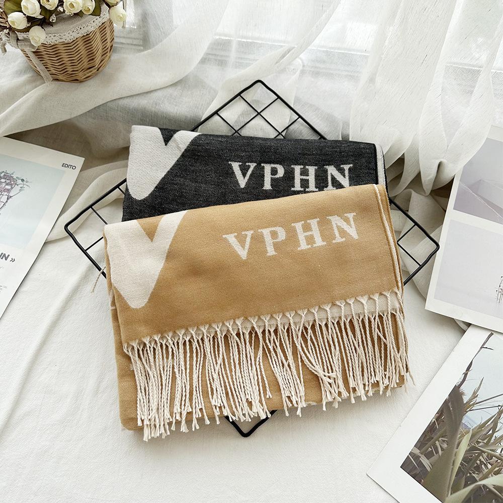 Autumn and Winter Wool Scarf Women's New Imitation Cashmere Letter V Warm Scarf Korean Style Versatile Long Tassel Shawl