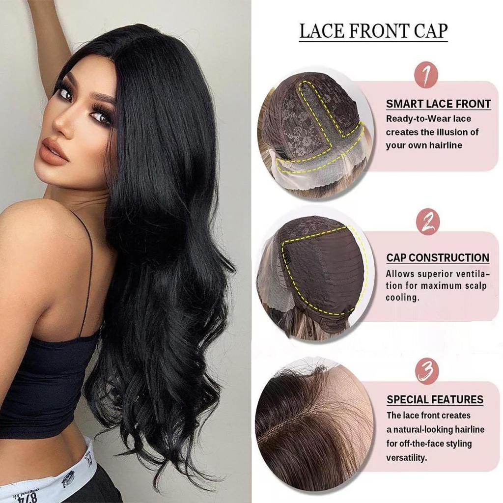 Women's 66cm Hair Black Long Curly Hair T-shaped Front Lace Rose Hair Net Headwear Pure Hand Woven Lace Wigs Kanekalon Wig