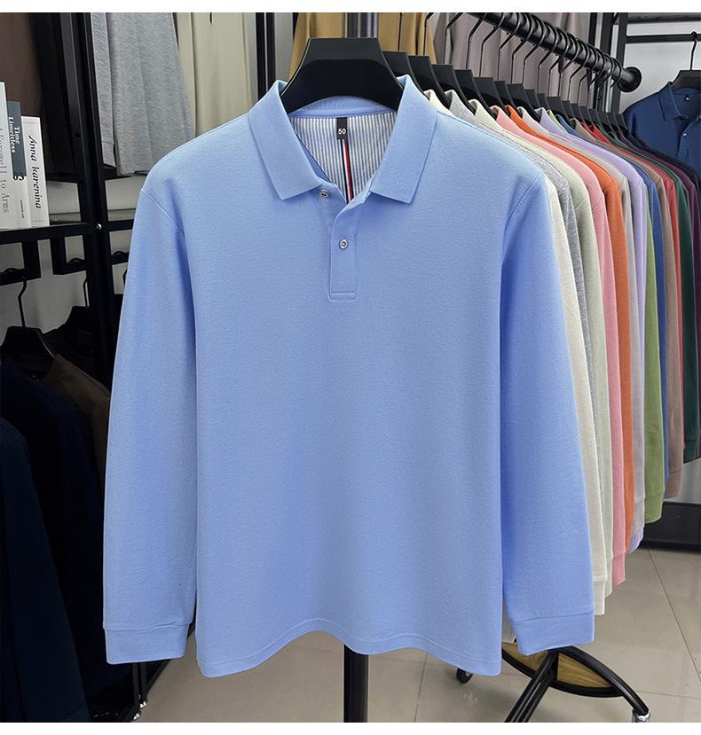 Мужская однотонная хлопковая рубашка-поло - Повседневный топ с длинным рукавом