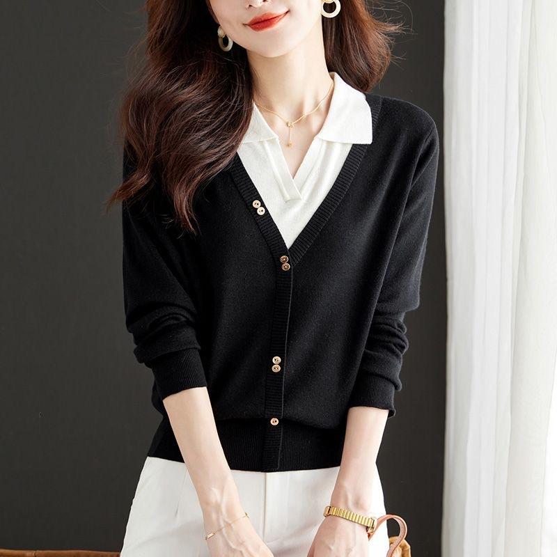 Поддельный свитер из двух частей с длинными рукавами, осенний наряд для мам, трикотажный свитер с воротником-поло, женский свитер с лацканами, базовая рубашка