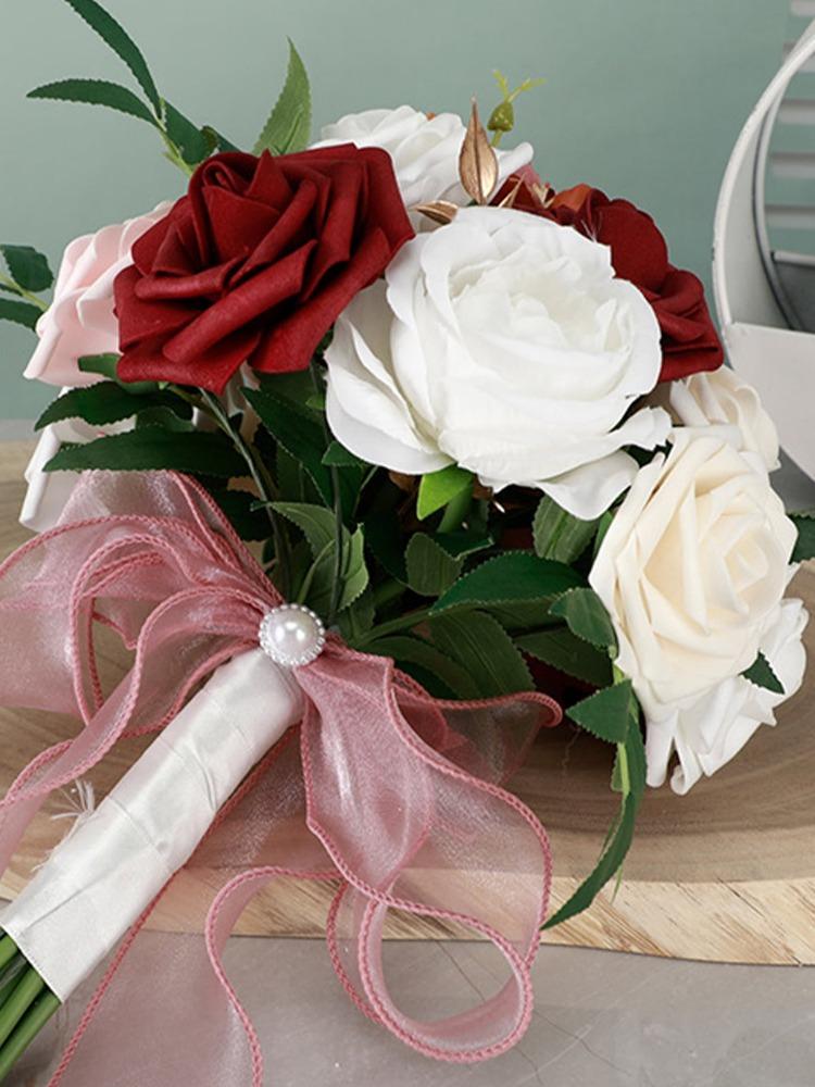 Roses Bouquet Wedding Bouquet for Bride Artificial Flower with Ribbon Fake Flowers Silk Roses Bridal Bouquet Bridesmaid Bouquet for Wedding Decoration